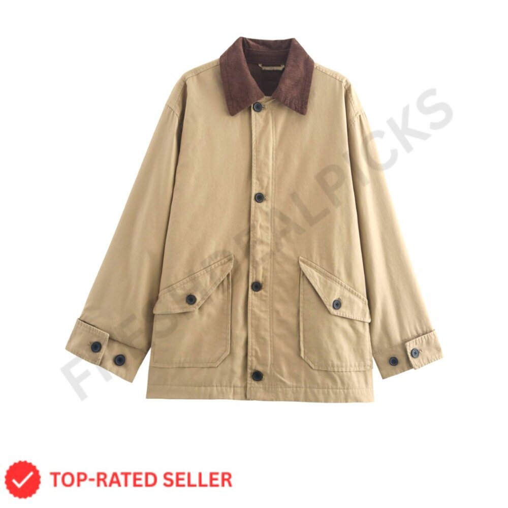 Oversized Canvas Barn Jacket Corduroy Collar Button Down Chic Fall Fashion
